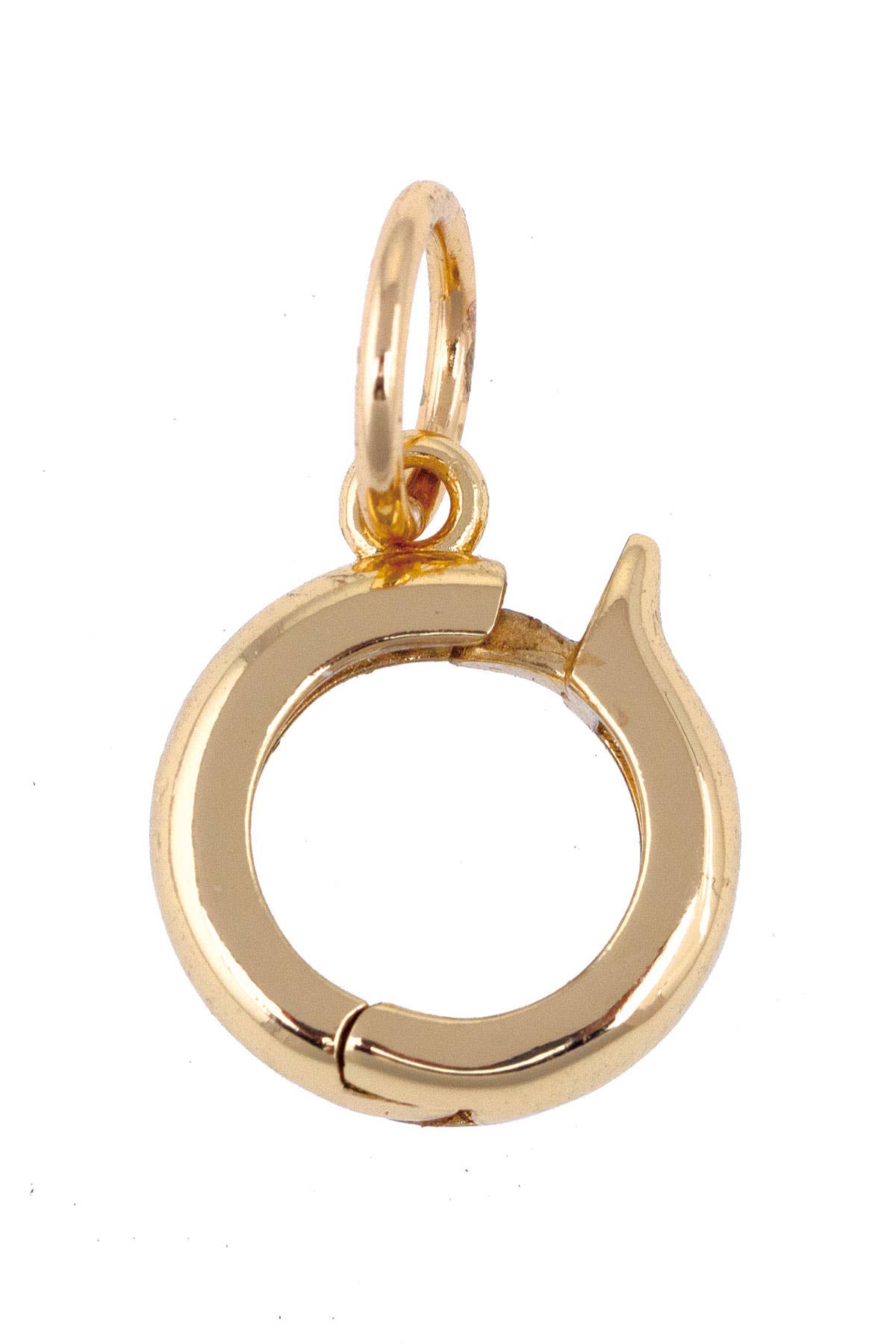 The Charm Multiplier Link in Shiny Gold by Canvas Style features a shiny gold metal round clasp with a small loop attached at the top, perfect for charm collectors. Photographed on a white background.