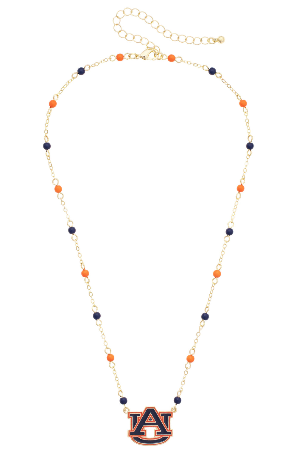 Show your team spirit with the Auburn Tigers Logo Layering Necklace by Canvas Style. This adjustable gold chain necklace features alternating orange and navy beads and a central Auburn University "AU" logo pendant—making it the perfect accessory for game days or everyday style. The customizable length ensures a comfortable fit for any look.