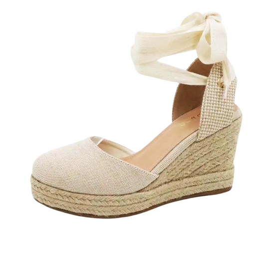 Cream-colored Ditch Closed Toe Espadrille Wedge with ankle ties and woven wedge heel on a white background by JP Original.