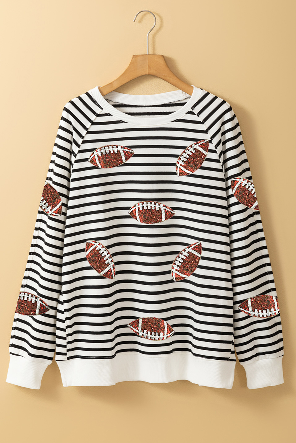 Black Stripe Sequin Football Side Slits Oversized Sweatshirt