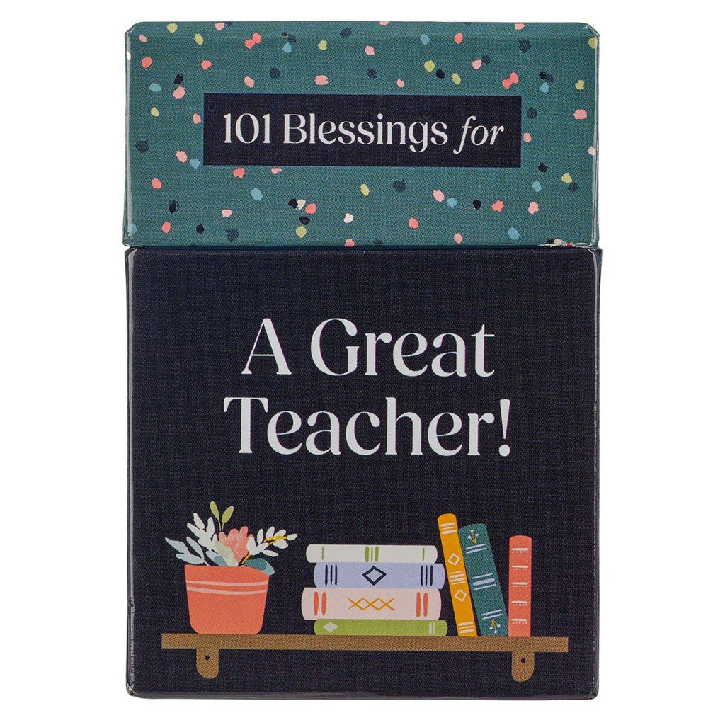 A "Box of Blessings For A Great Teacher New" by Christian Art Gifts, featuring an illustration of books and a potted plant on a shelf—a thoughtful set of inspirational cards perfect for teacher appreciation.