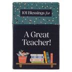 A "Box of Blessings For A Great Teacher New" by Christian Art Gifts, featuring an illustration of books and a potted plant on a shelf—a thoughtful set of inspirational cards perfect for teacher appreciation.