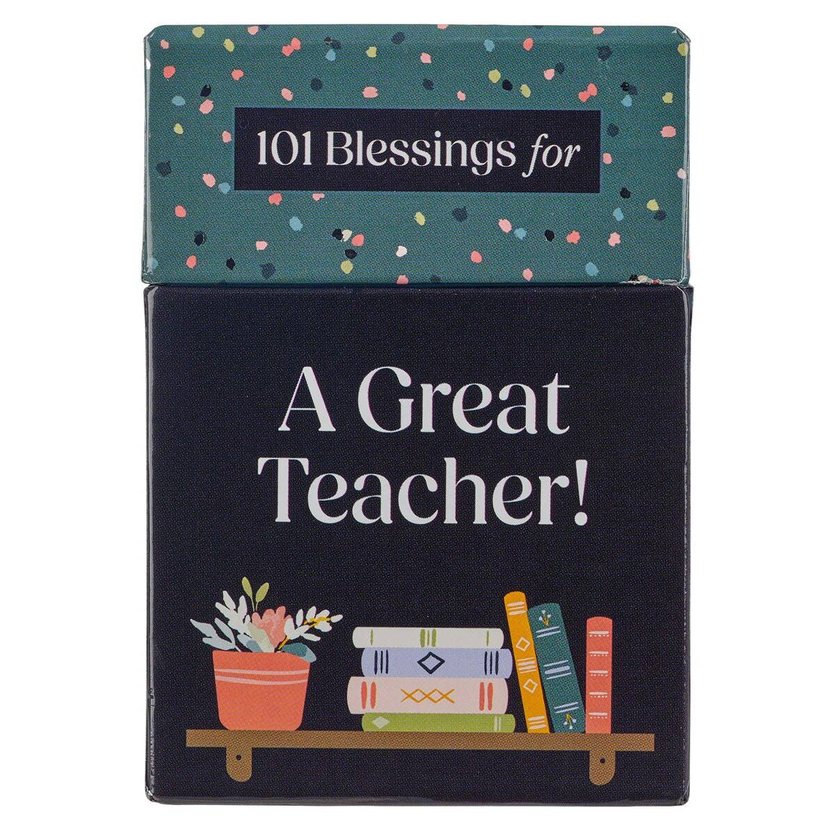 A "Box of Blessings For A Great Teacher New" by Christian Art Gifts, featuring an illustration of books and a potted plant on a shelf—a thoughtful set of inspirational cards perfect for teacher appreciation.