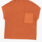 The Shewin Patch Pocket Ribbed Knit Short Sleeve Sweater, shown flat on a white background, boasts a high collar and front pocket. Crafted from knit fabric in orange, it merges comfort with style—ideal for transitional weather.