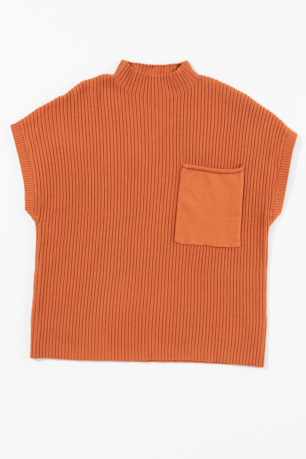 The Shewin Patch Pocket Ribbed Knit Short Sleeve Sweater, shown flat on a white background, boasts a high collar and front pocket. Crafted from knit fabric in orange, it merges comfort with style—ideal for transitional weather.