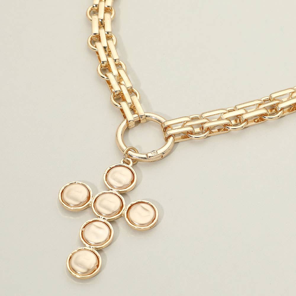 Pearl Cross Charm Pendant Chunky Chain Statement Necklace by Sensibling Corp., featuring a bold gold chain and a textured cross pendant formed from six circular elements, displayed against a light background.