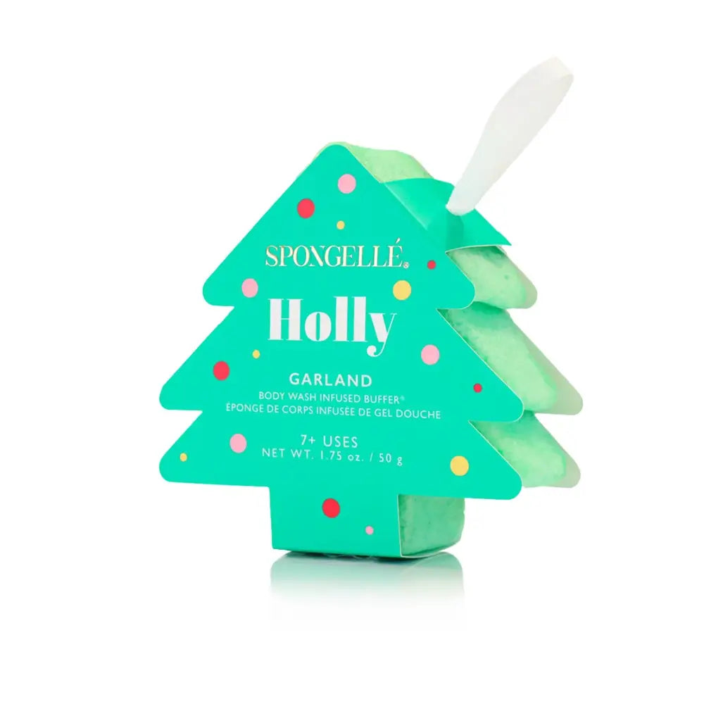 Spongelle Holiday Bath Soap Sponges shaped like a Christmas tree in teal packaging with colorful dots and a white ribbon hanging loop.