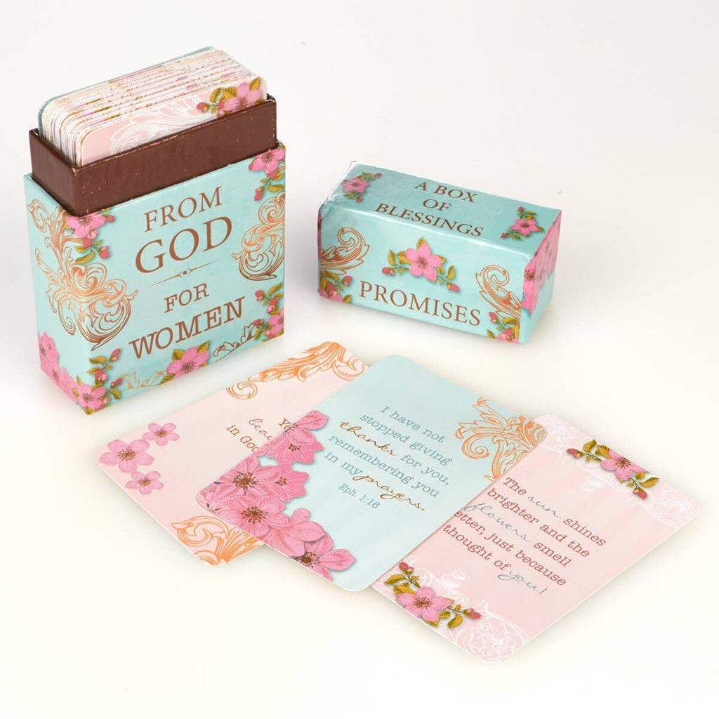 A Box of Blessings Promises for Women by Christian Art Gifts, with Bible verse cards displayed, each card featuring inspirational messages and promises from God especially for women.