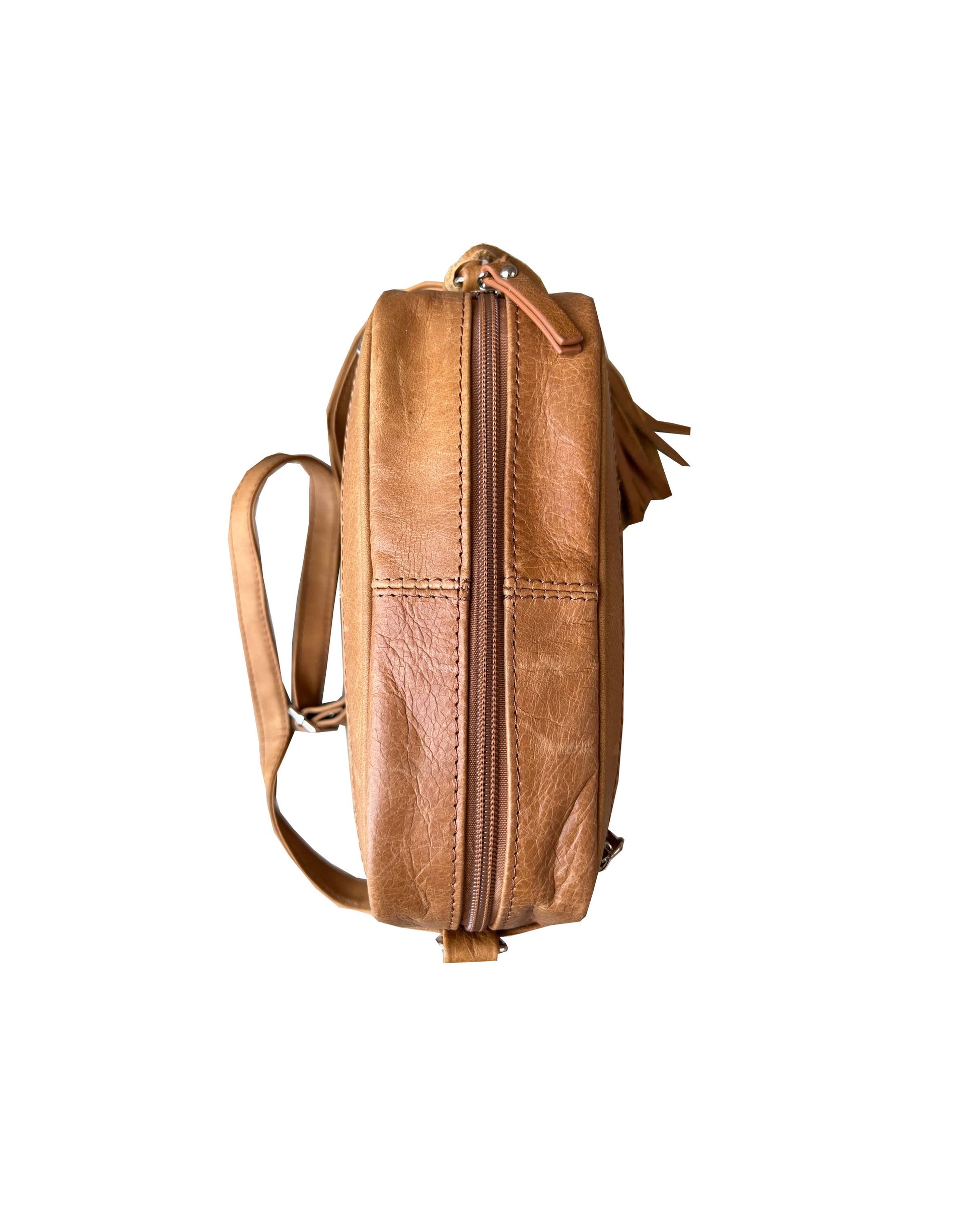 Side view of the Roma Leathers, Inc. Cowhide Leather Crossbody featuring a tan cowhide leather design, zipper closure, and adjustable shoulder strap, shown isolated on a white background.