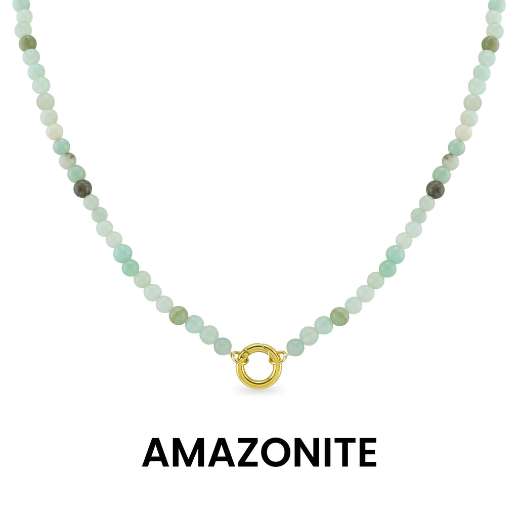 WJW Semi Precious Natural Stone Charm Keeper Necklace featuring beaded amazonite and a gold circular clasp, crafted from semi-precious stones with an 18K Gold PVD coated accent. Displayed on a white background with the word "AMAZONITE" below.