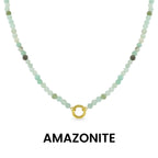WJW Semi Precious Natural Stone Charm Keeper Necklace featuring beaded amazonite and a gold circular clasp, crafted from semi-precious stones with an 18K Gold PVD coated accent. Displayed on a white background with the word "AMAZONITE" below.