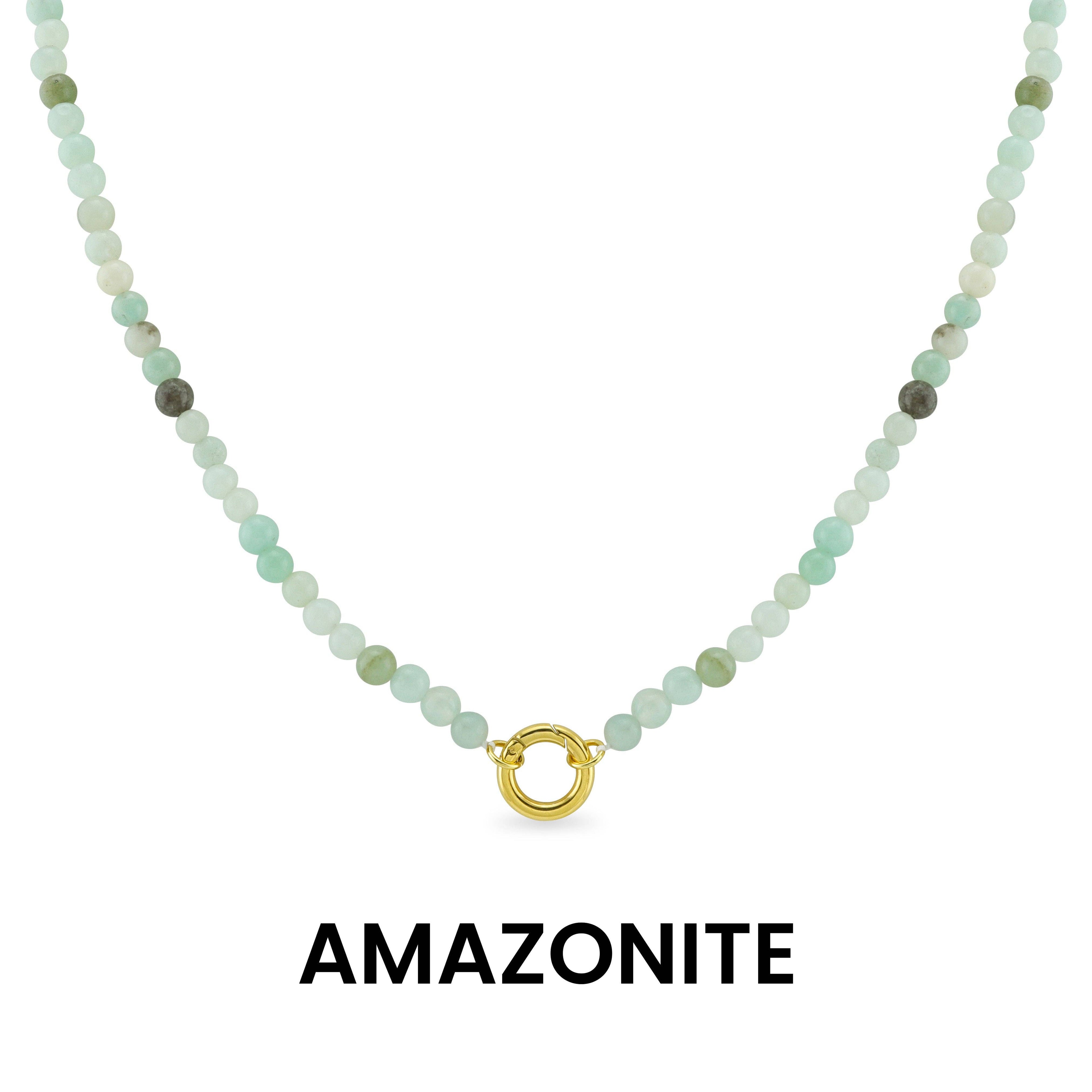WJW Semi Precious Natural Stone Charm Keeper Necklace featuring beaded amazonite and a gold circular clasp, crafted from semi-precious stones with an 18K Gold PVD coated accent. Displayed on a white background with the word "AMAZONITE" below.