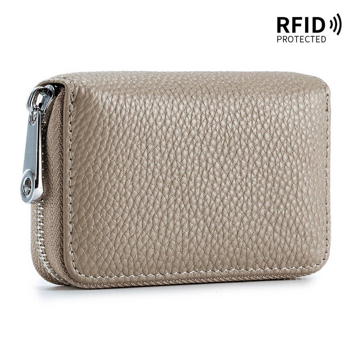The ACCITY CARD WALLET Anti-Theft Wallet features beige textured leather, a zippered closure, and an RFID protected label in the top right corner.