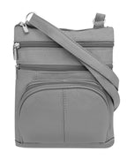 The Roma Leathers Cowhide Leather Crossbody with phone pocket on the back features multiple zip compartments and an adjustable strap, shown in gray against a white background.