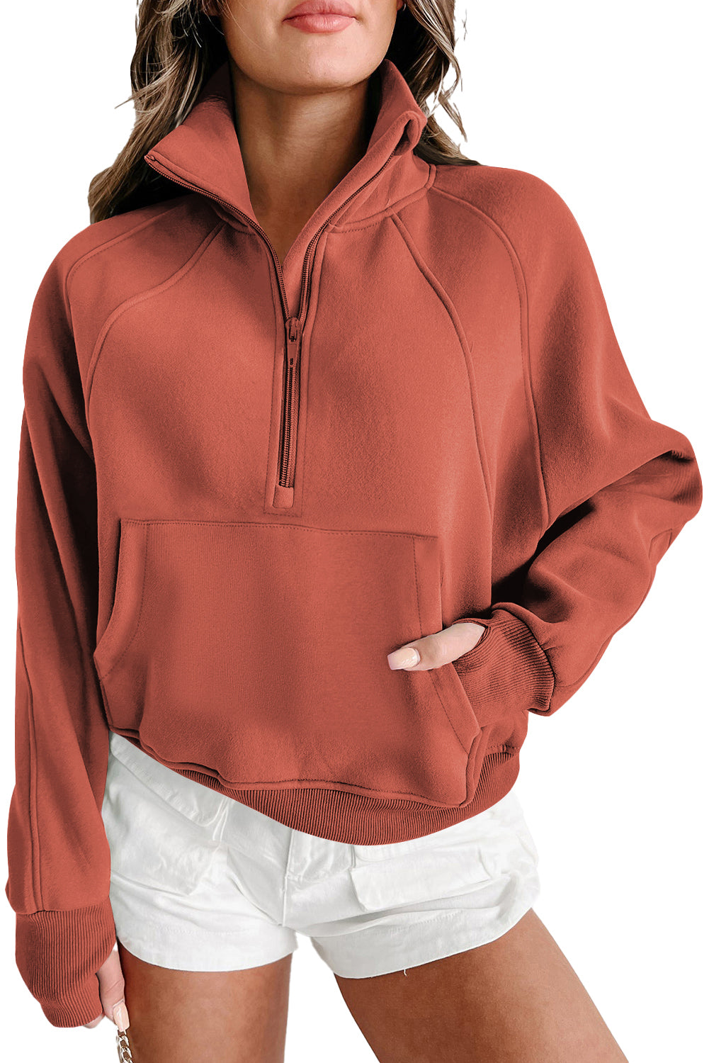 Zip Up Stand Collar Ribbed Thumbhole Sleeve Sweatshirt - 12 colors to choose from