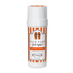 A cylindrical stick container of "Flip Flop Essential Oils Foot Repair" (1.75oz) by PUREfactory Naturals, featuring orange honey oil with natural antibacterial properties and an orange and white striped design.