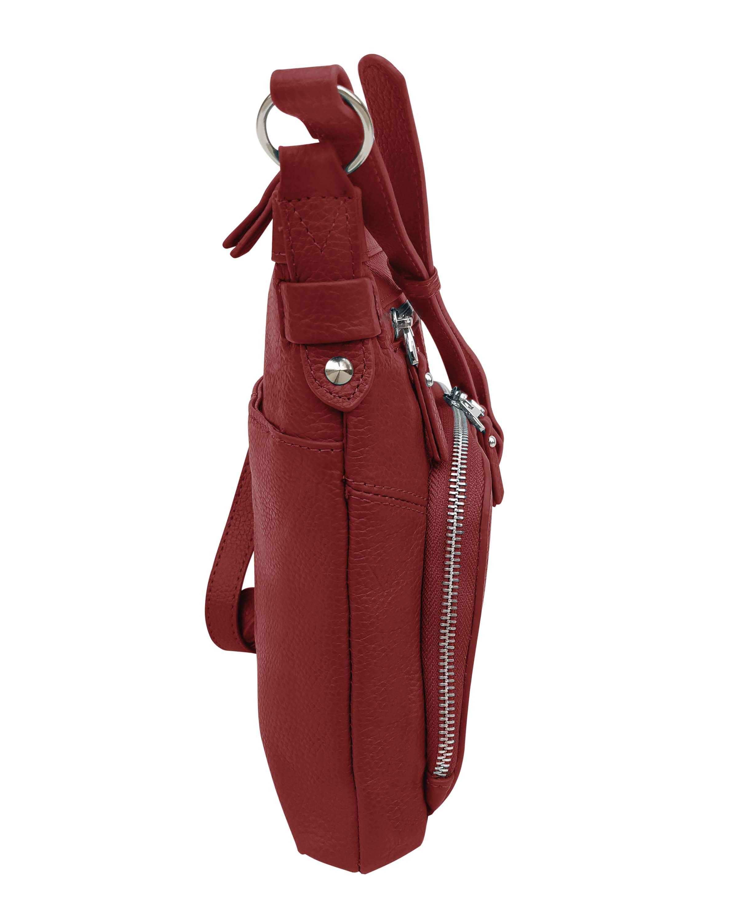 Side view of the Roma Leathers, Inc. 3018 Crossbody shoulder bag in red cowhide leather, featuring a front organizer zip pocket, silver hardware, adjustable shoulder straps, and a roomy main compartment.