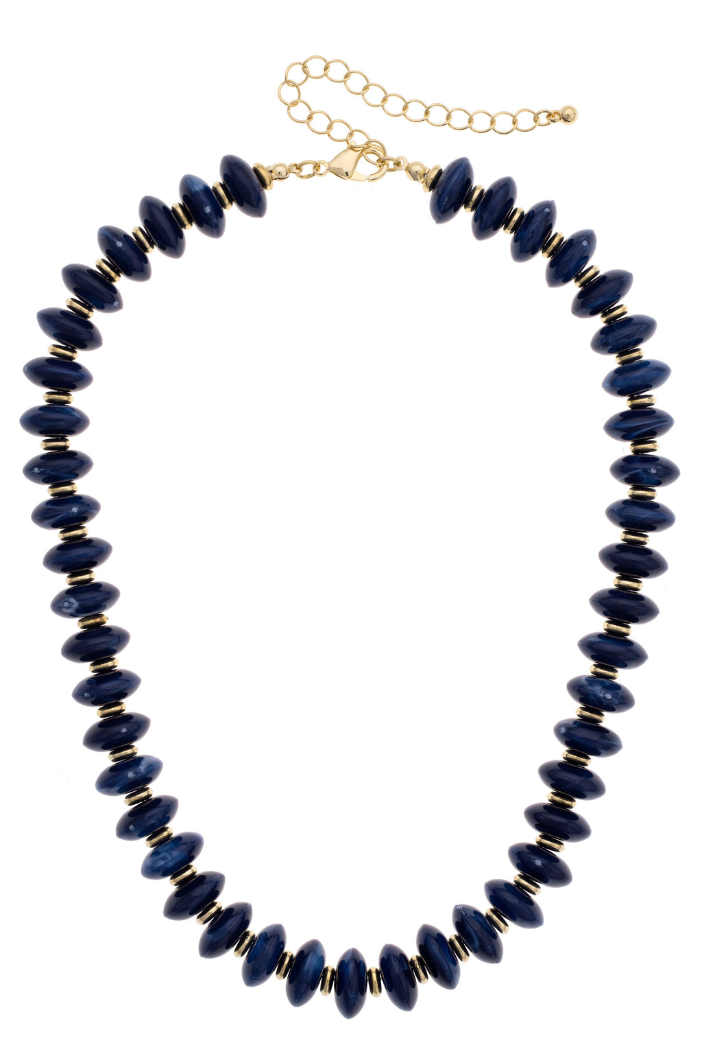 The Marseille Resin Beaded Necklace features adjustable round, dark blue resin beads alternating with small gold-tone spacers, finished with a gold-tone lobster clasp and extender chain.