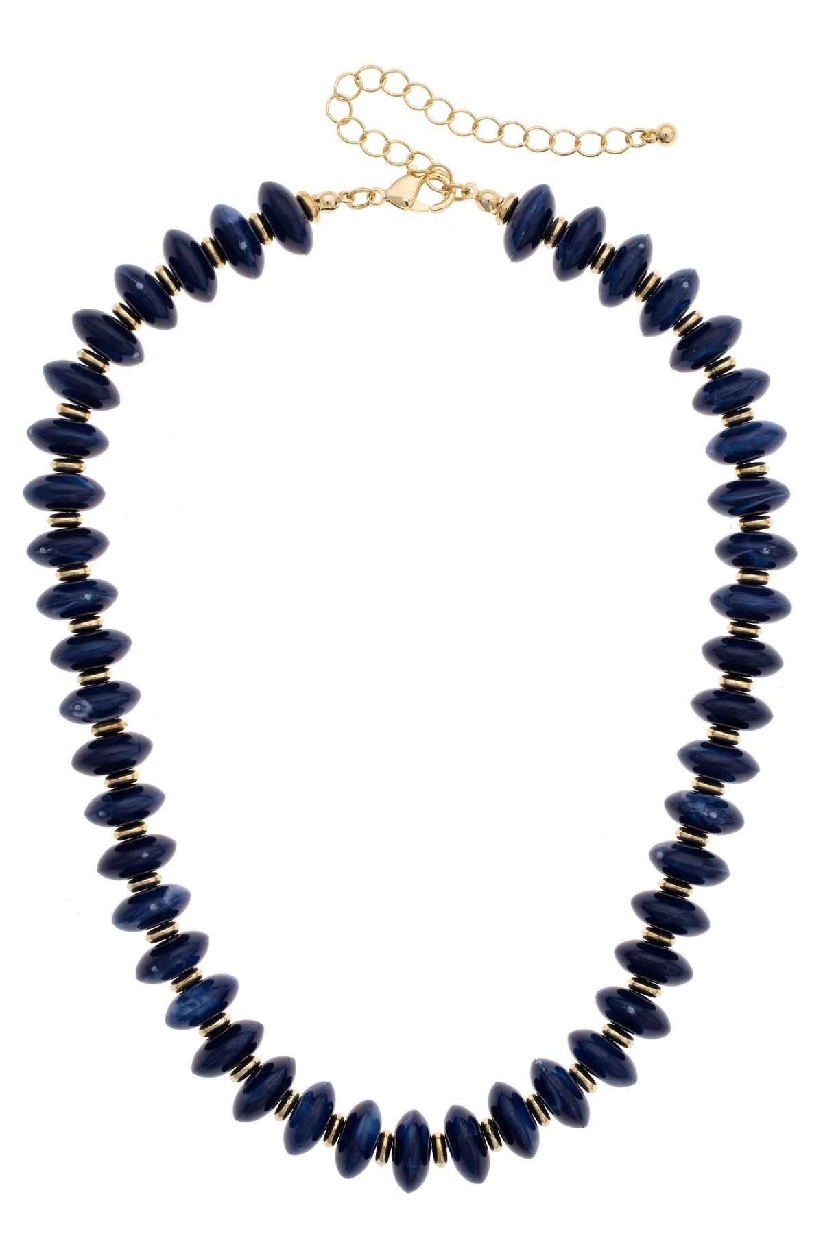 The Marseille Resin Beaded Necklace features adjustable round, dark blue resin beads alternating with small gold-tone spacers, finished with a gold-tone lobster clasp and extender chain.
