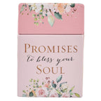 The Christian Art Gifts Box of Blessings Promises to Bless Your Soul features a pink design adorned with floral decorations and elegant gold text that reads, “Promises to bless your Soul.” This charming box is perfect for storing prayer cards and reminders of God’s promises.