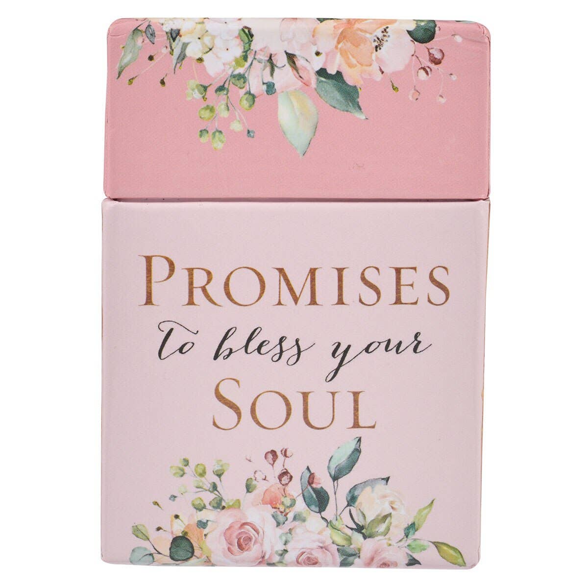 The Christian Art Gifts Box of Blessings Promises to Bless Your Soul features a pink design adorned with floral decorations and elegant gold text that reads, “Promises to bless your Soul.” This charming box is perfect for storing prayer cards and reminders of God’s promises.
