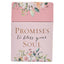 The Christian Art Gifts Box of Blessings Promises to Bless Your Soul features a pink design adorned with floral decorations and elegant gold text that reads, “Promises to bless your Soul.” This charming box is perfect for storing prayer cards and reminders of God’s promises.