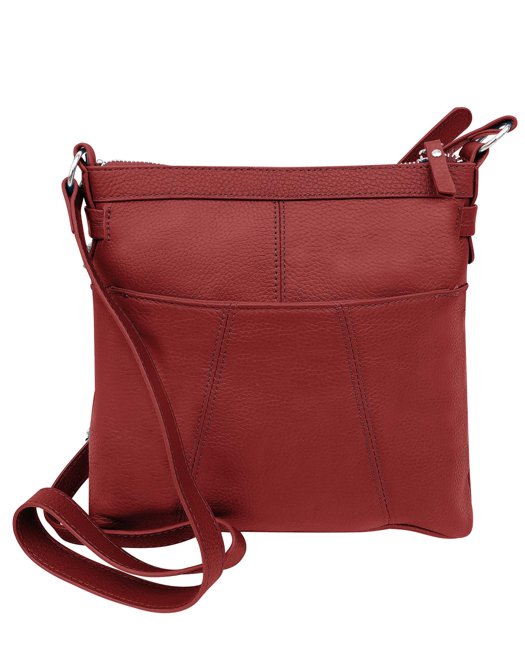 The Roma Leathers, Inc. 3018 Crossbody Shoulder Bag with Organizer Front features red cowhide leather, a spacious main compartment, front pocket, zippered top closure, and an adjustable shoulder strap.