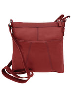 The Roma Leathers, Inc. 3018 Crossbody Shoulder Bag with Organizer Front features red cowhide leather, a spacious main compartment, front pocket, zippered top closure, and an adjustable shoulder strap.