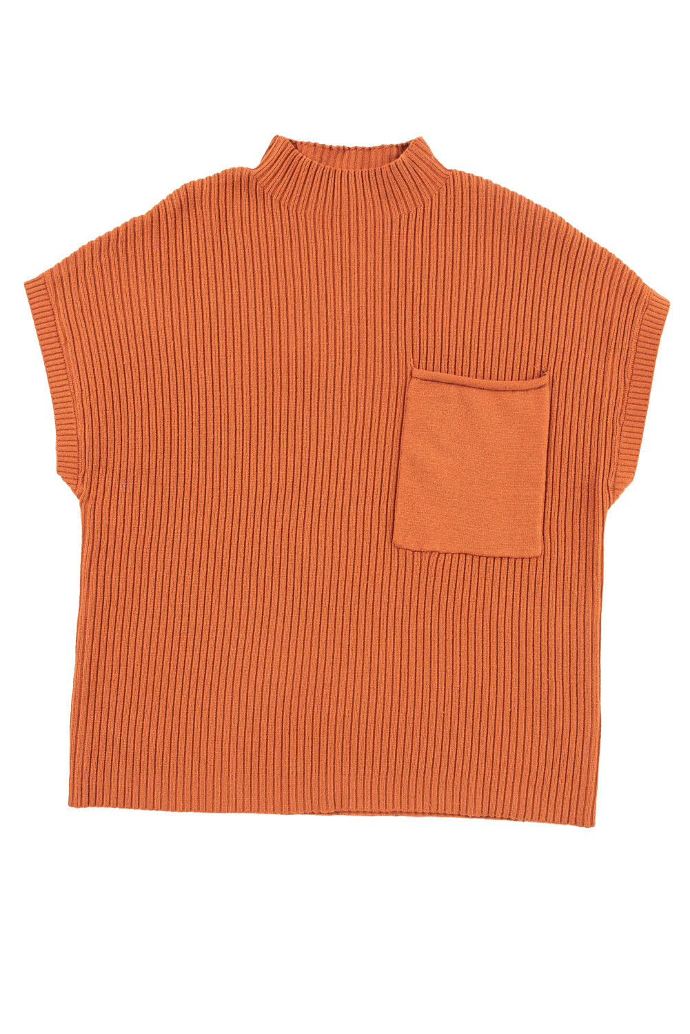 Shewin's Patch Pocket Ribbed Knit Short Sleeve Sweater is perfect for casual style during transitional weather, featuring a front pocket and orange ribbed knit design.