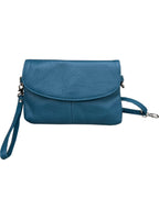 The Roma Leathers, Inc. Cowhide Leather Crossbody Clutch Bag is a small blue purse crafted from cowhide leather, featuring a wrist strap and flap closure.