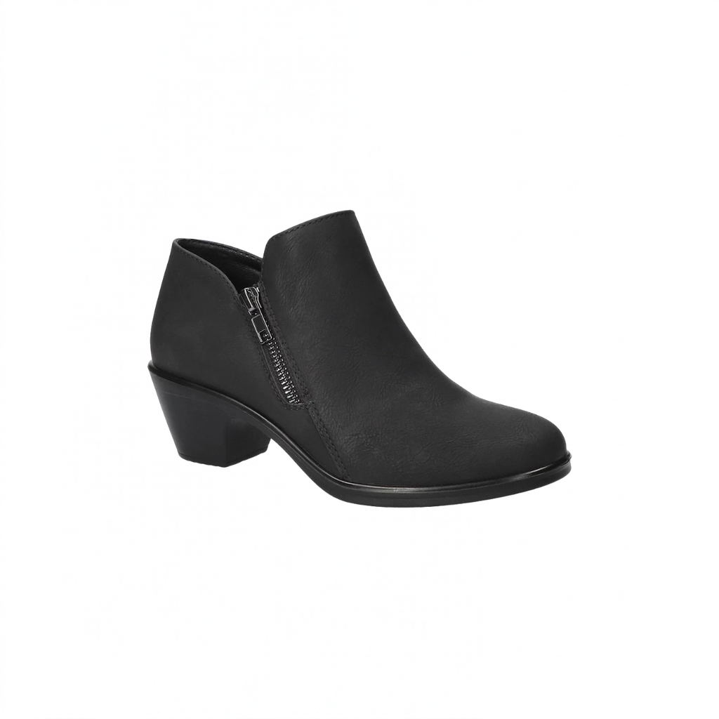 Easy Street Arbor black matte ankle bootie with side zipper, rounded toe, and block heel