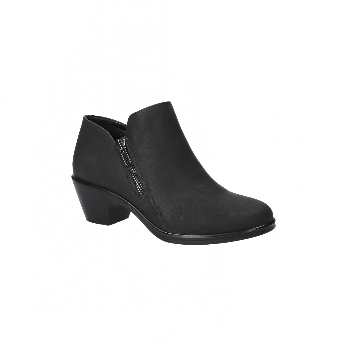 Easy Street Arbor black matte ankle bootie with side zipper, rounded toe, and block heel