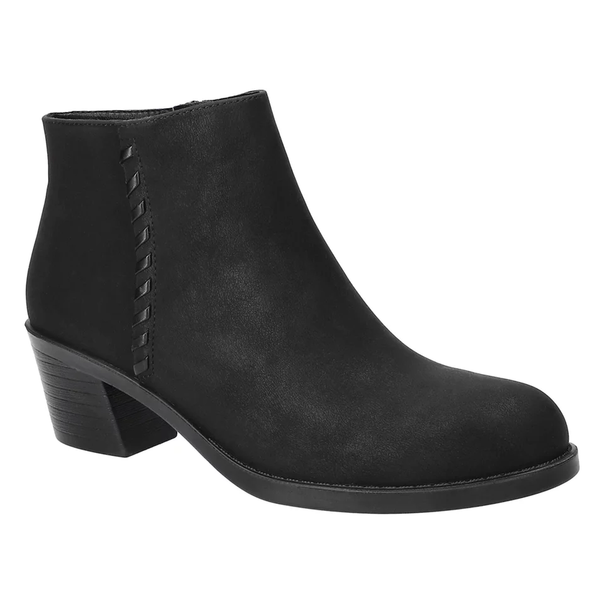 Easy Street Belmont Heel Ankle Boots in black with a rounded toe, low block heel, and decorative side stitching.