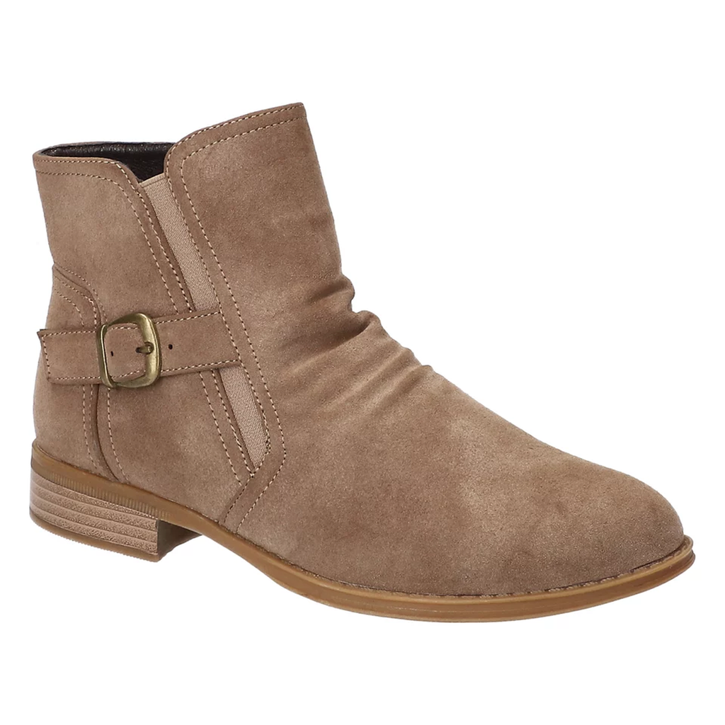 Easy Street Junction taupe ankle bootie with ruched front, buckle detail, and low heel