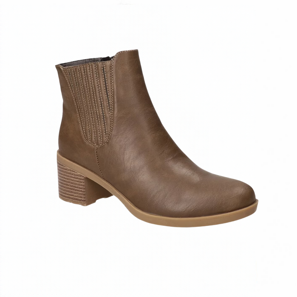 Easy Street Tulsa taupe ankle boot with stitched side panel, rounded toe, and block heel