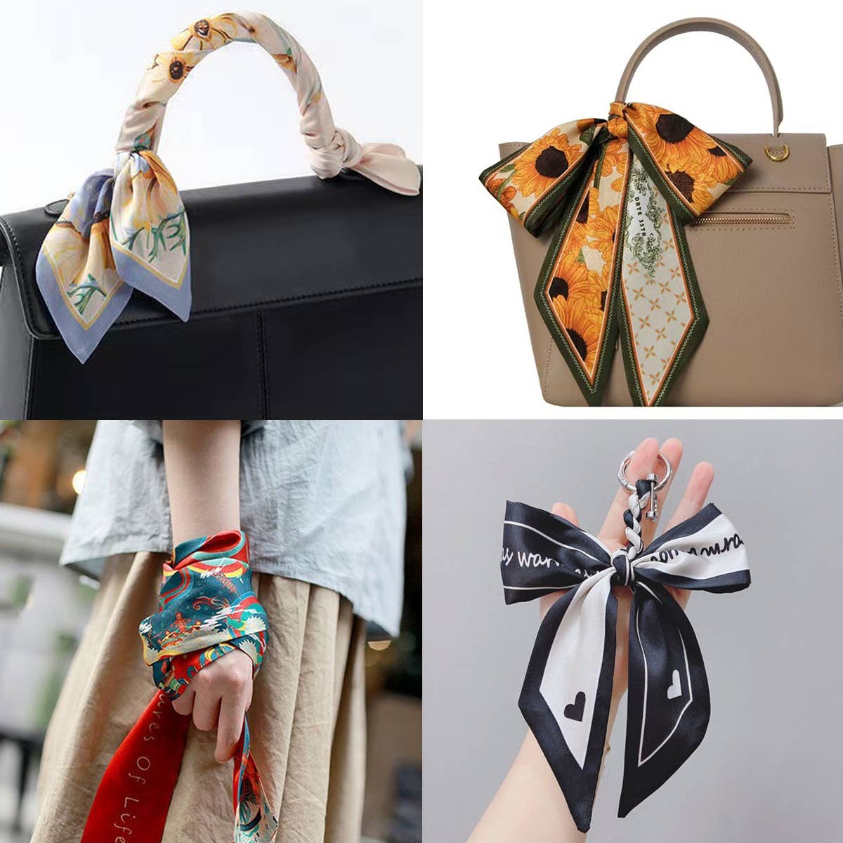 Four ways to use the ACCITY Skinny Floral Ribbon Scarf for Hair or Handbag: tie it on your suitcase handle, handbag, wear as a wrist accessory, or attach to a keychain for a stylish floral touch.
