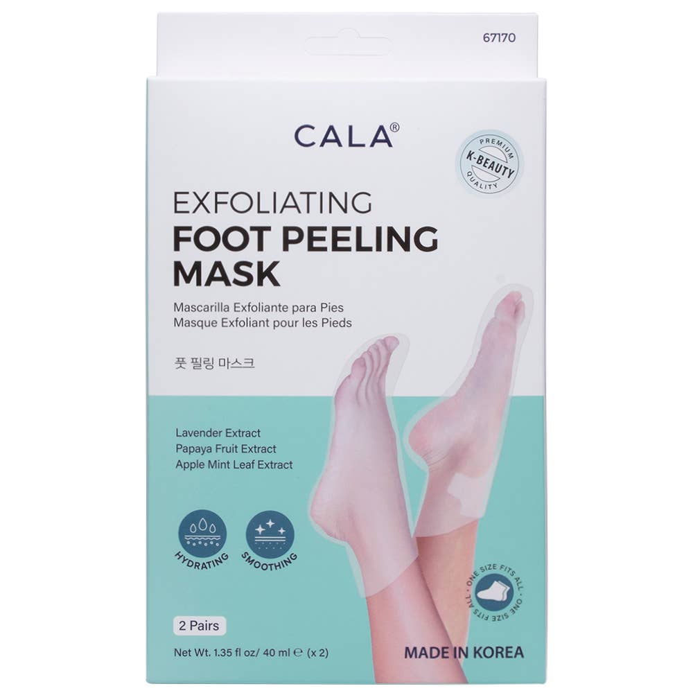 Box of CALA EXFOLIATING FOOT PEELING MASK 2 PAIRS showing an illustration of bare feet, featuring icons for hydrating and smoothing. Main image
