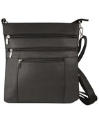 The Roma Leathers, Inc. Cowhide leather crossbody features three zippered compartments and an adjustable shoulder strap in black cowhide, shown against a white background.