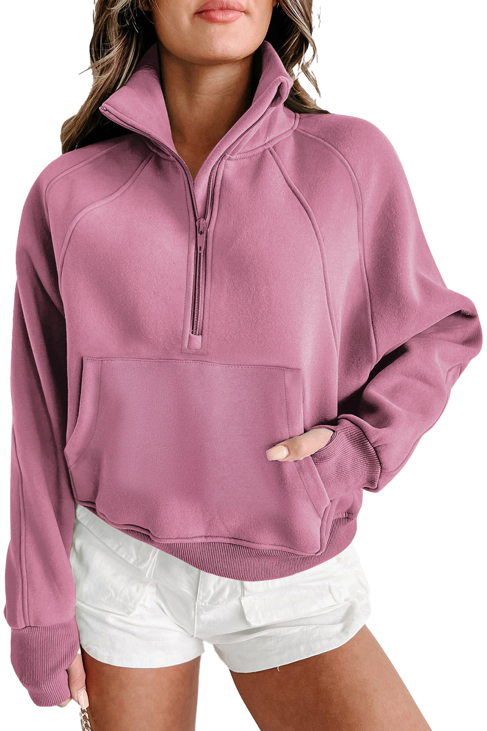 Zip Up Stand Collar Ribbed Thumbhole Sleeve Sweatshirt - 12 colors to choose from