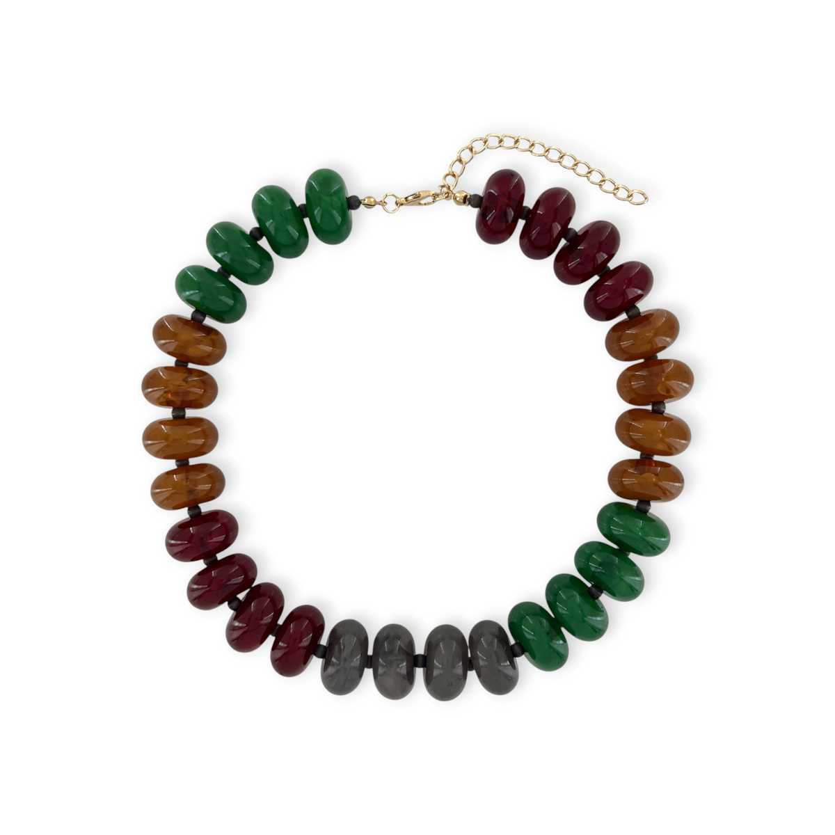 Make a bold impression with the OMG Blings Multicolor Mix Resin Beaded Necklace, featuring large round resin beads in green, maroon, brown, and gray color blocks, finished with a gold adjustable chain clasp. Main image