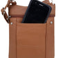 A black smartphone peeks from the front pocket of the Roma Leathers, Inc. Cowhide Leather Crossbody with Phone Pocket, which features a zipper and an adjustable shoulder strap.