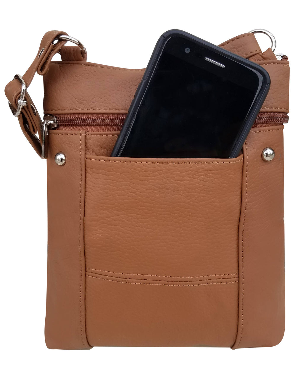 The Cowhide Leather Crossbody with phone pocket by Roma Leathers, Inc. is a brown bag featuring an adjustable shoulder strap and a front pocket designed to hold a black smartphone.
