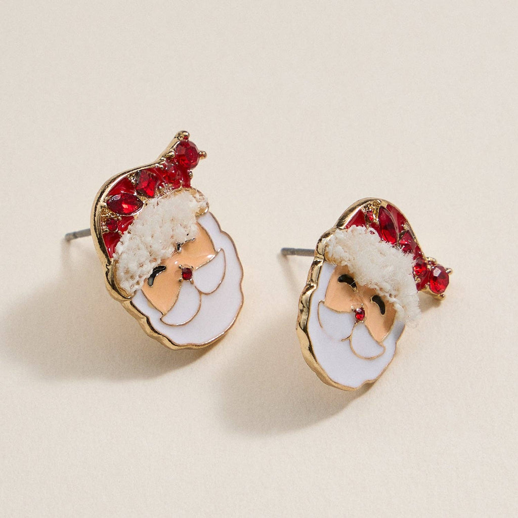 Lilla Haven's Santa Claus Stud Earrings—Red Rhinestone Christmas Earrings—feature charming Santa face designs with red hats, white trim, and gold outlines, beautifully displayed on a light surface and perfect for bringing festive sparkle to your holiday jewelry collection.