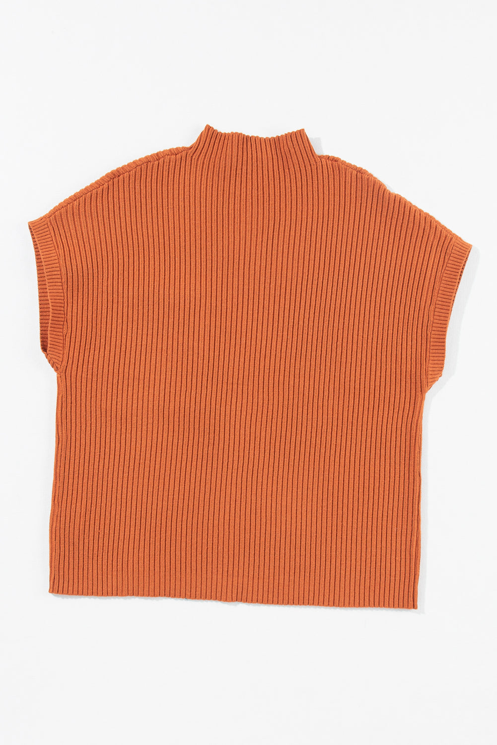 The Shewin Patch Pocket Ribbed Knit Short Sleeve Sweater, in vibrant orange with a high neckline, is ideal for transitional weather and displayed on a white background.