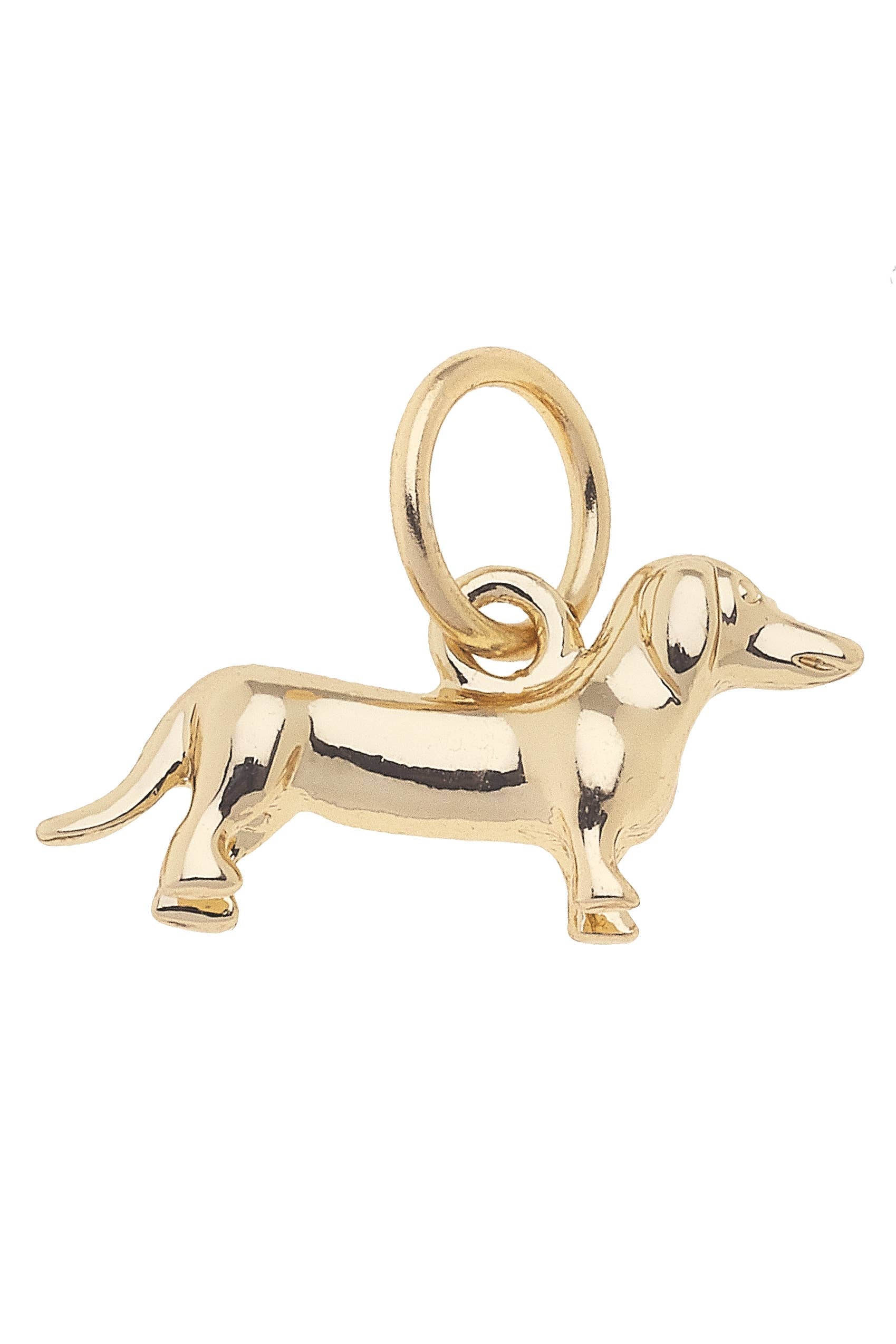 The Canvas Style Dachshund Dog Charm in Shiny Gold is a delightful dachshund-shaped pendant featuring a top loop for easy attachment to your favorite chain, making it an ideal accessory for dog lovers. Displayed against a white background. Main image