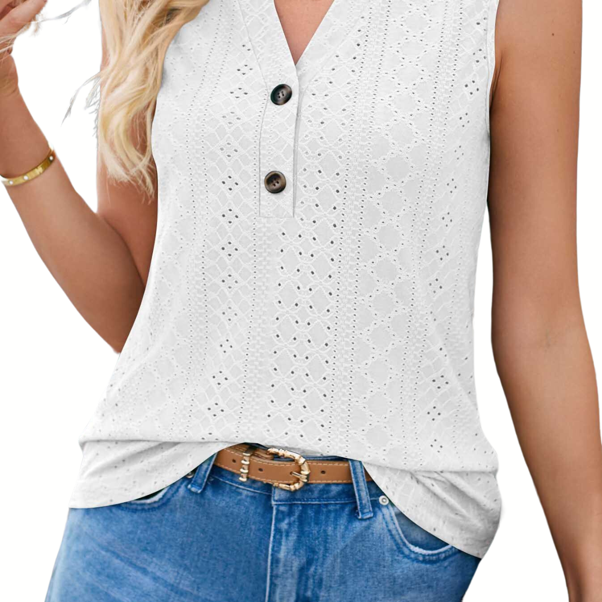 A woman is wearing a FASHION GO Eyelet look Button V-Neck Tank Top - White and blue jeans. She has a brown belt and a bracelet on her left wrist, perfect for summer nights.