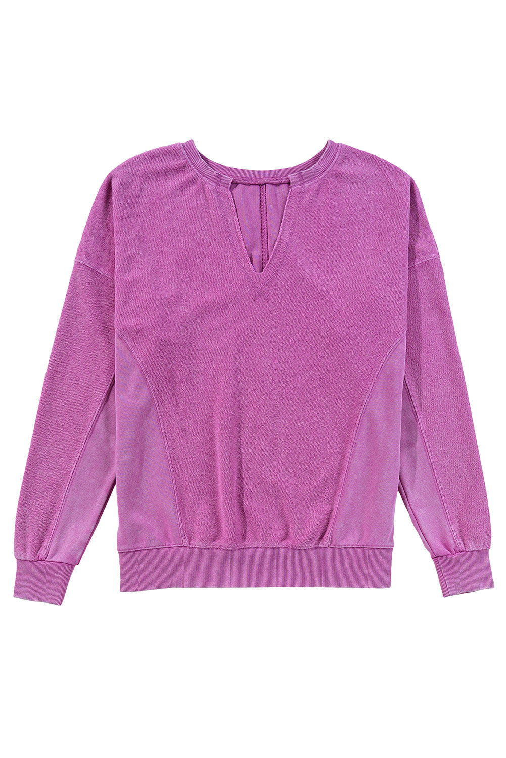 The Shewin Notched Neck Exposed Seam Drop Shoulder Sweatshirt is a purple long-sleeve pullover with ribbed cuffs and a notched neckline, offering a relaxed fit. Made from high-quality fabric, it ensures comfort and style for everyday wear.