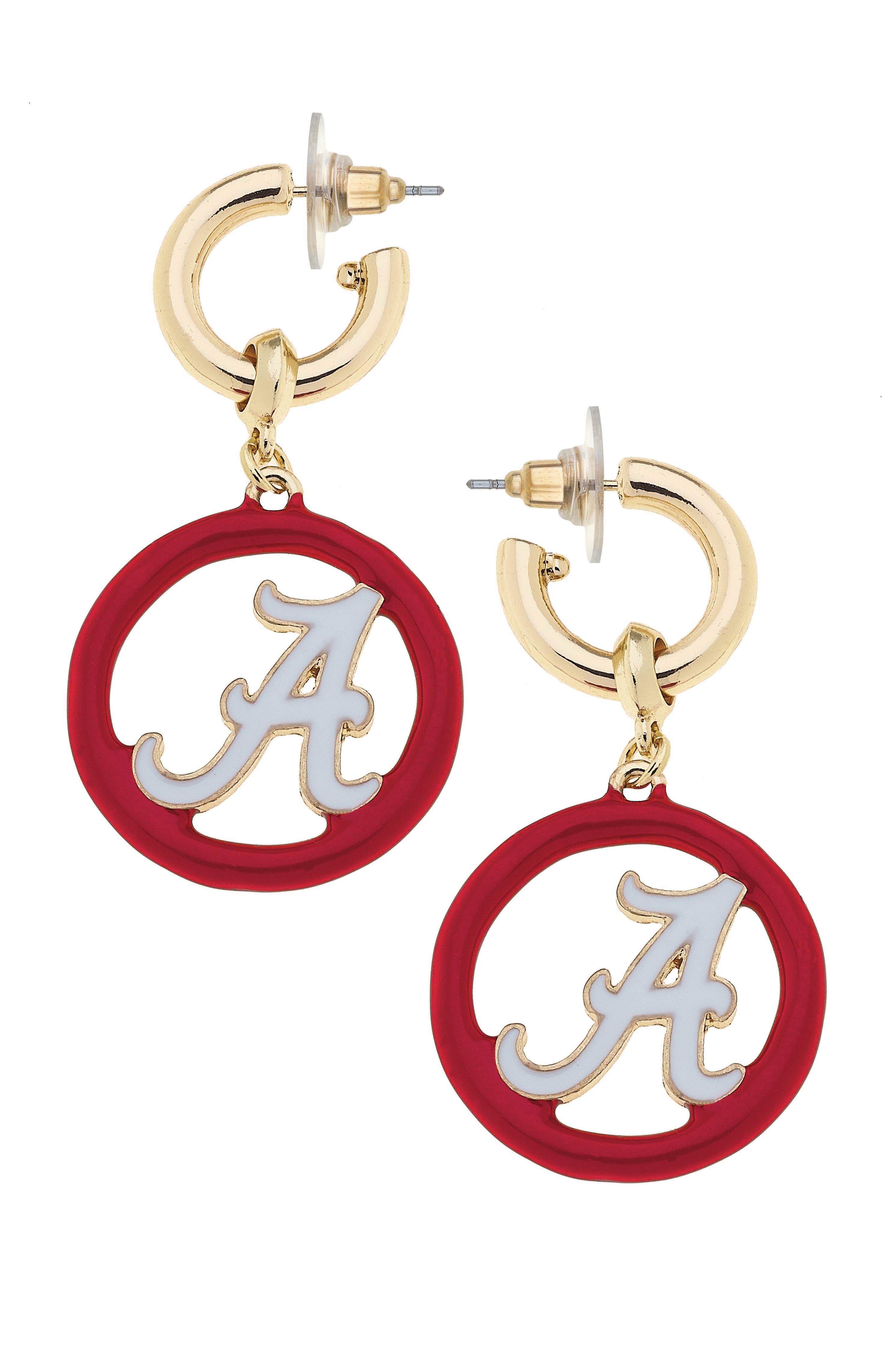 Show your team spirit with the Alabama Crimson Tide Logo Medallion Drop Hoop Earrings by Canvas Style. These NCAA officially licensed gold hoop earrings feature red and white circular pendants adorned with a stylized "A"—the perfect accessory for any Alabama Crimson Tide fan. Main image