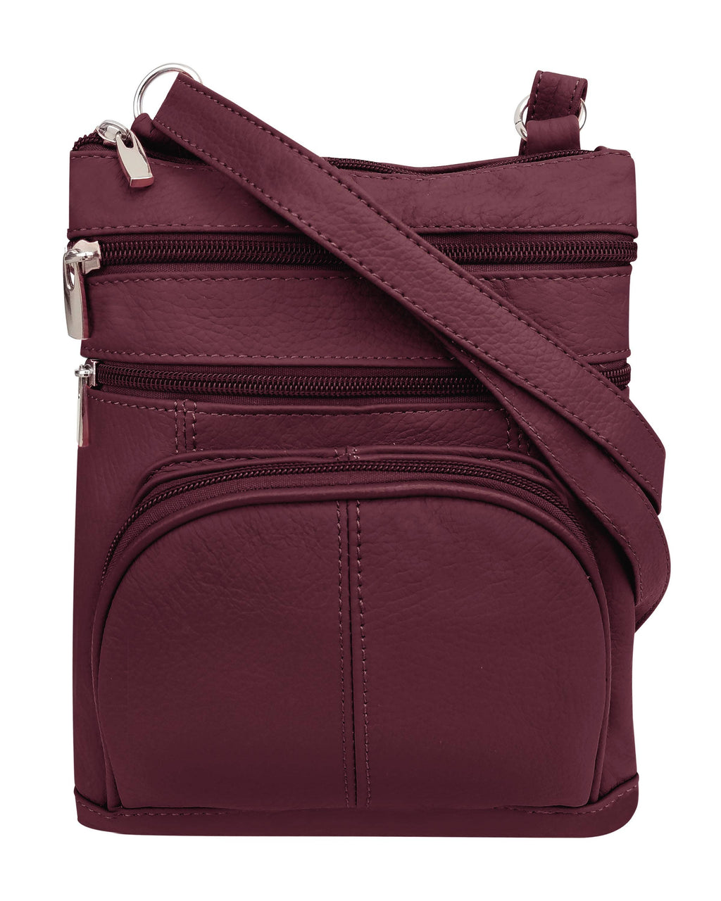 The Roma Leathers, Inc. Cowhide Leather Crossbody with phone pocket is a small maroon bag made from cowhide leather, featuring multiple zippered compartments and an adjustable shoulder strap, shown against a plain white background.