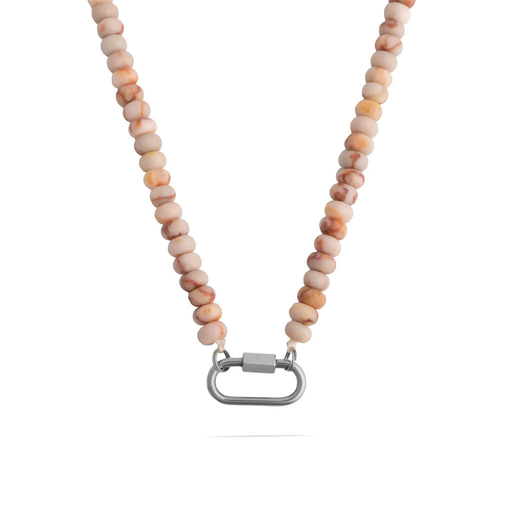 The WJW Stainless Steel Chunky Glass Bead Carabiner Necklace showcases round beige and light brown glass beads with a sleek silver carabiner clasp, elegantly displayed on a white background.
